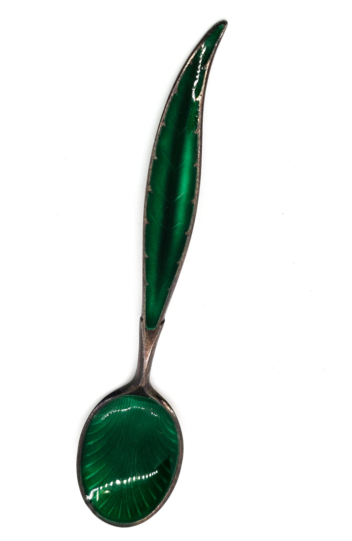 Ottar Hval Sterling Silver Norway signed antique Guilloche Enamel green leaf Spoon