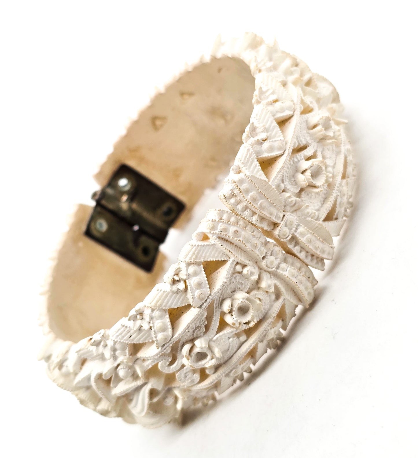 Celluloid carved floral off white hinged vintage clamper bracelet