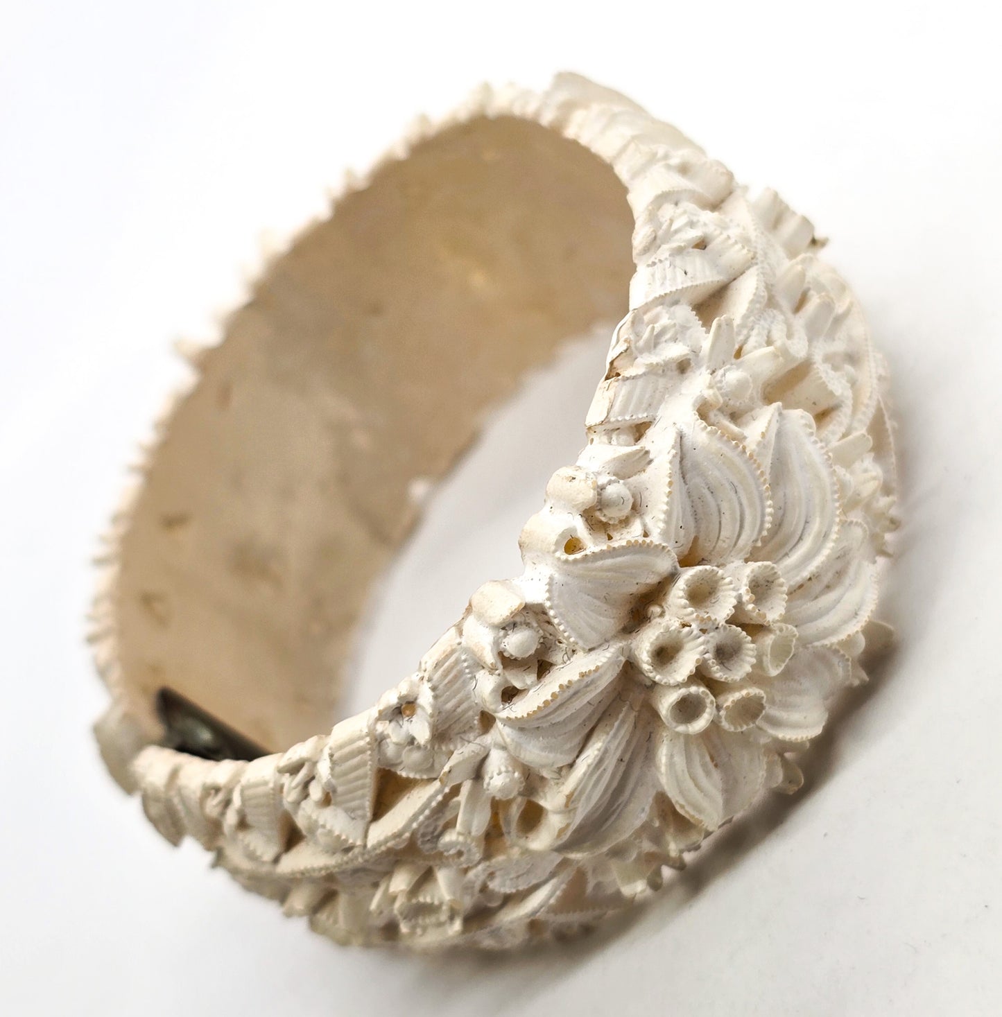 Celluloid carved floral off white hinged vintage clamper bracelet