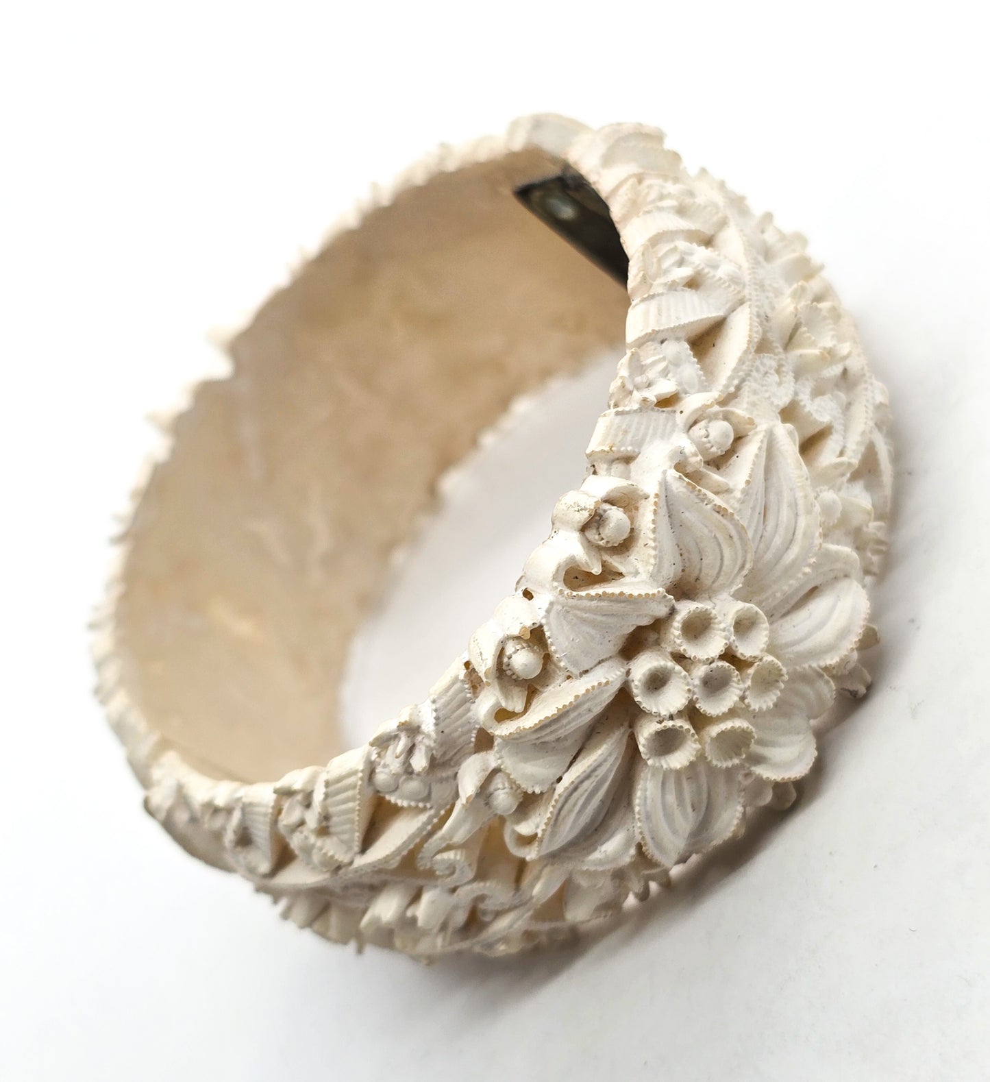 Celluloid carved floral off white hinged vintage clamper bracelet