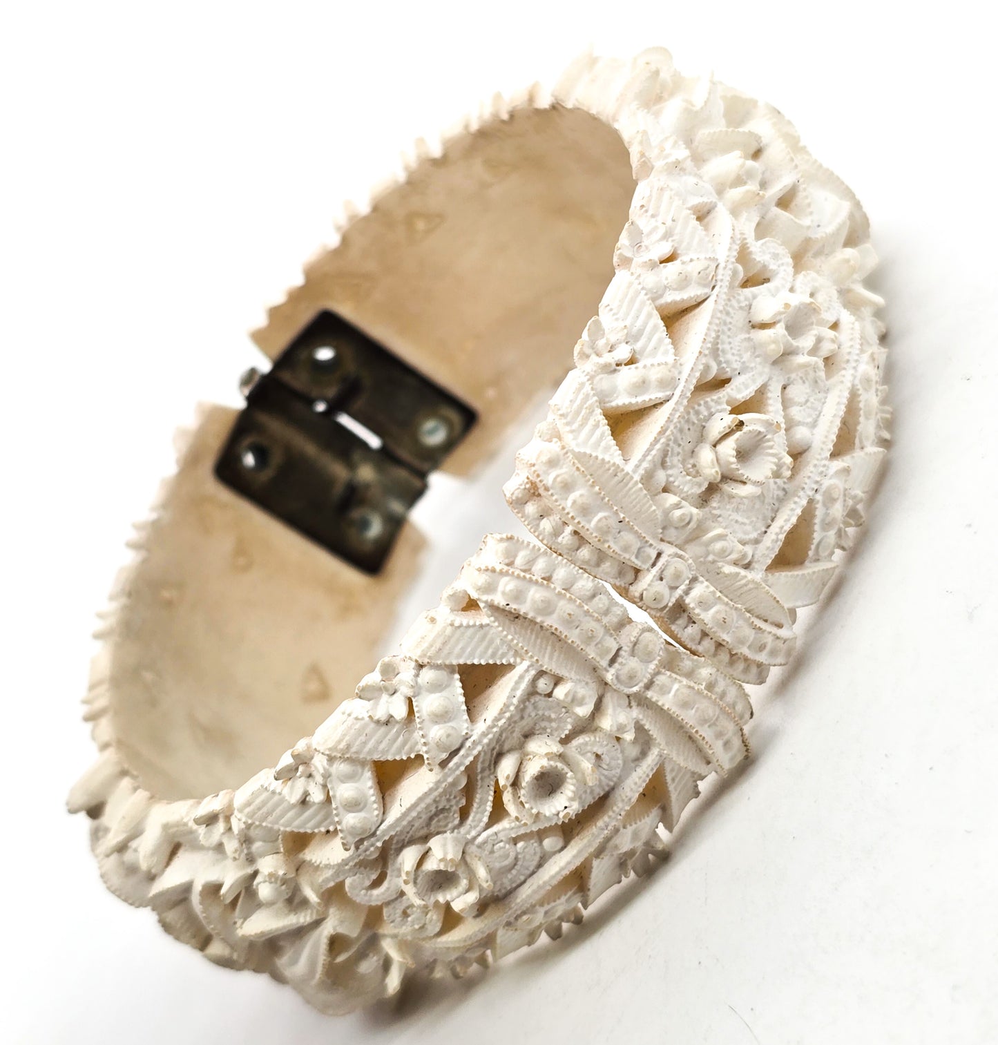 Celluloid carved floral off white hinged vintage clamper bracelet