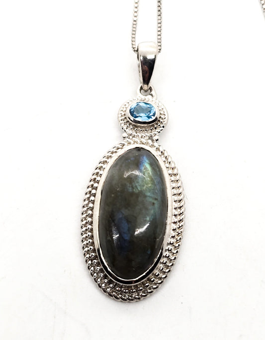 Labradorite blue topaz gemstone sterling plated pendant necklace