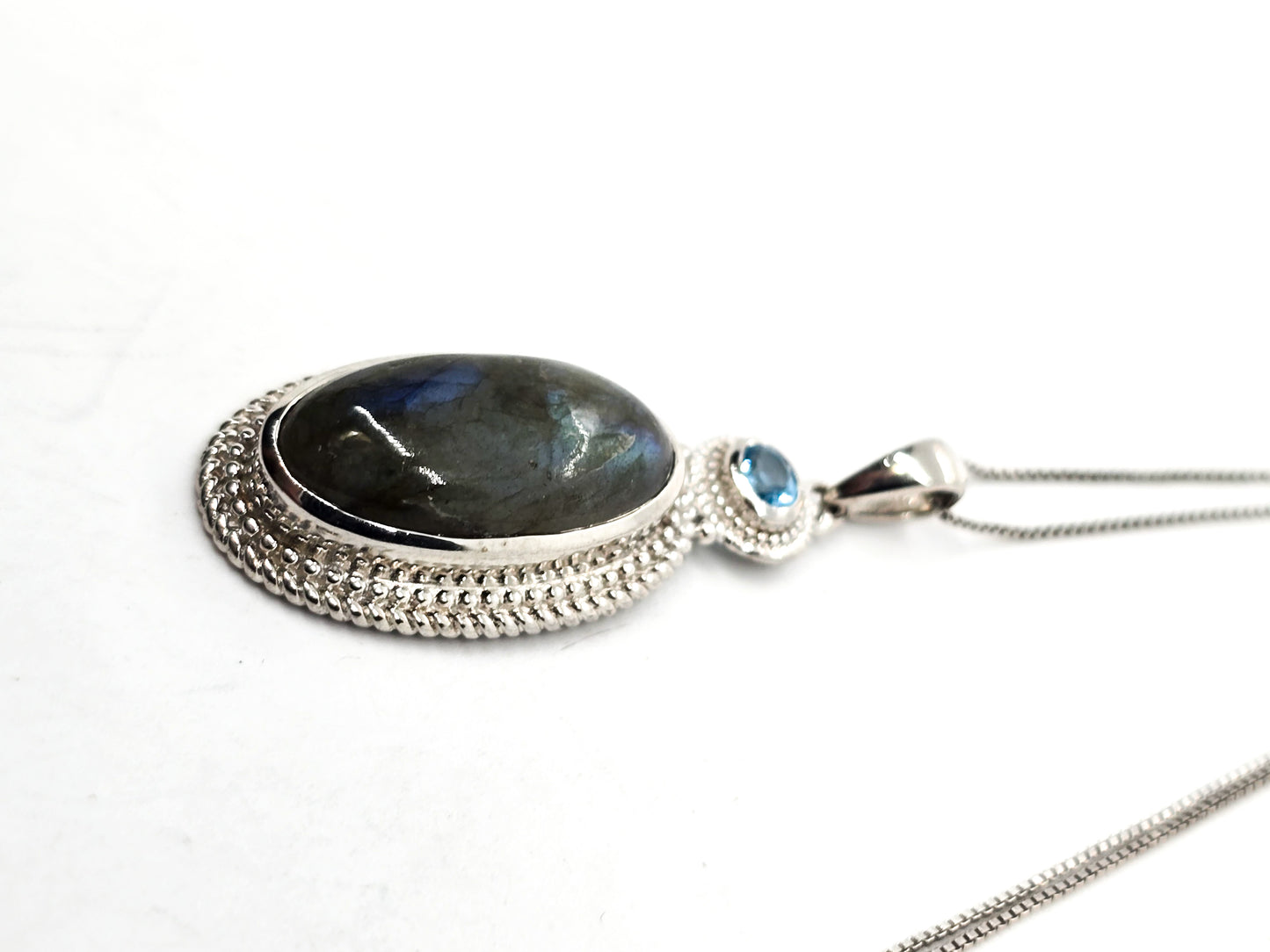 Labradorite blue topaz gemstone sterling plated pendant necklace