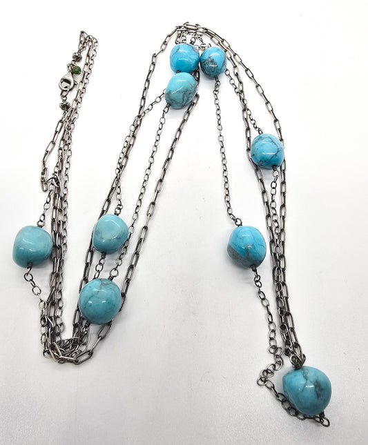 Turquoise nugget beaded double strand sterling silver stationary necklace