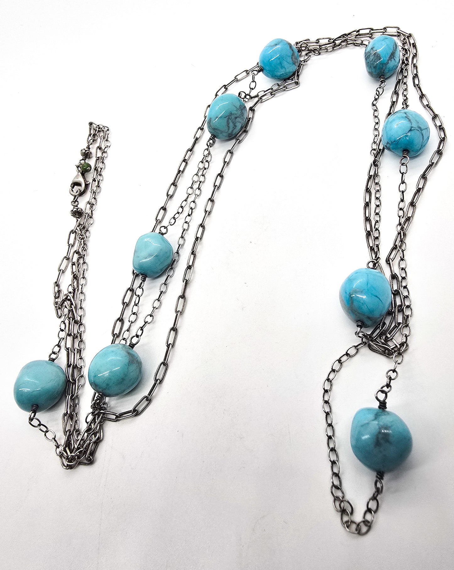 Turquoise nugget beaded double strand sterling silver stationary necklace