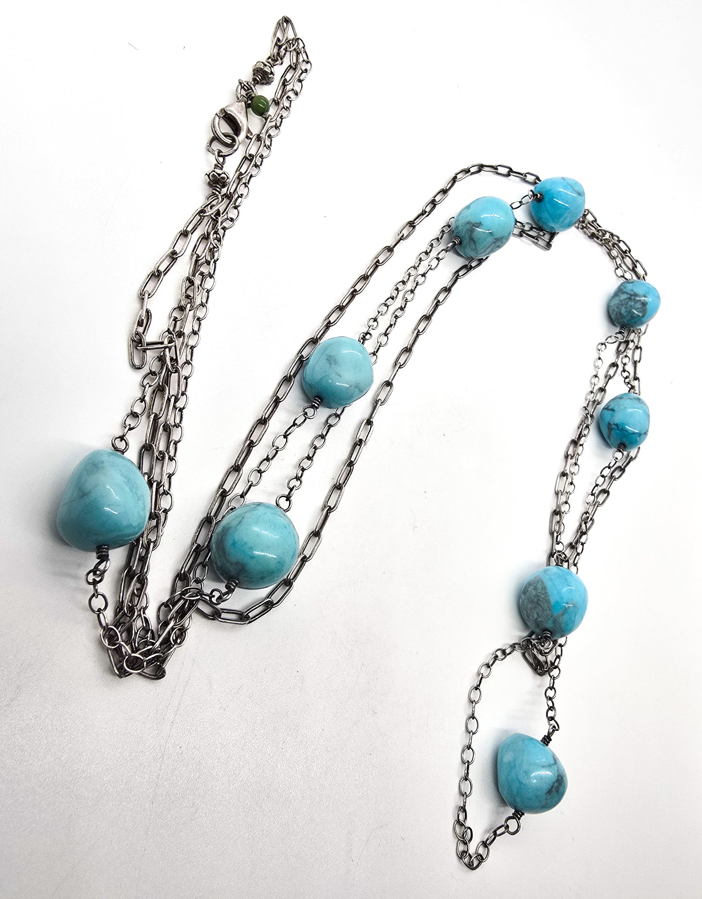 Turquoise nugget beaded double strand sterling silver stationary necklace