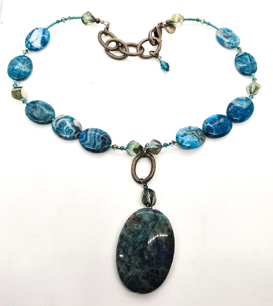 Emily Ray blue lace agate beaded artisan signed gemstone necklace