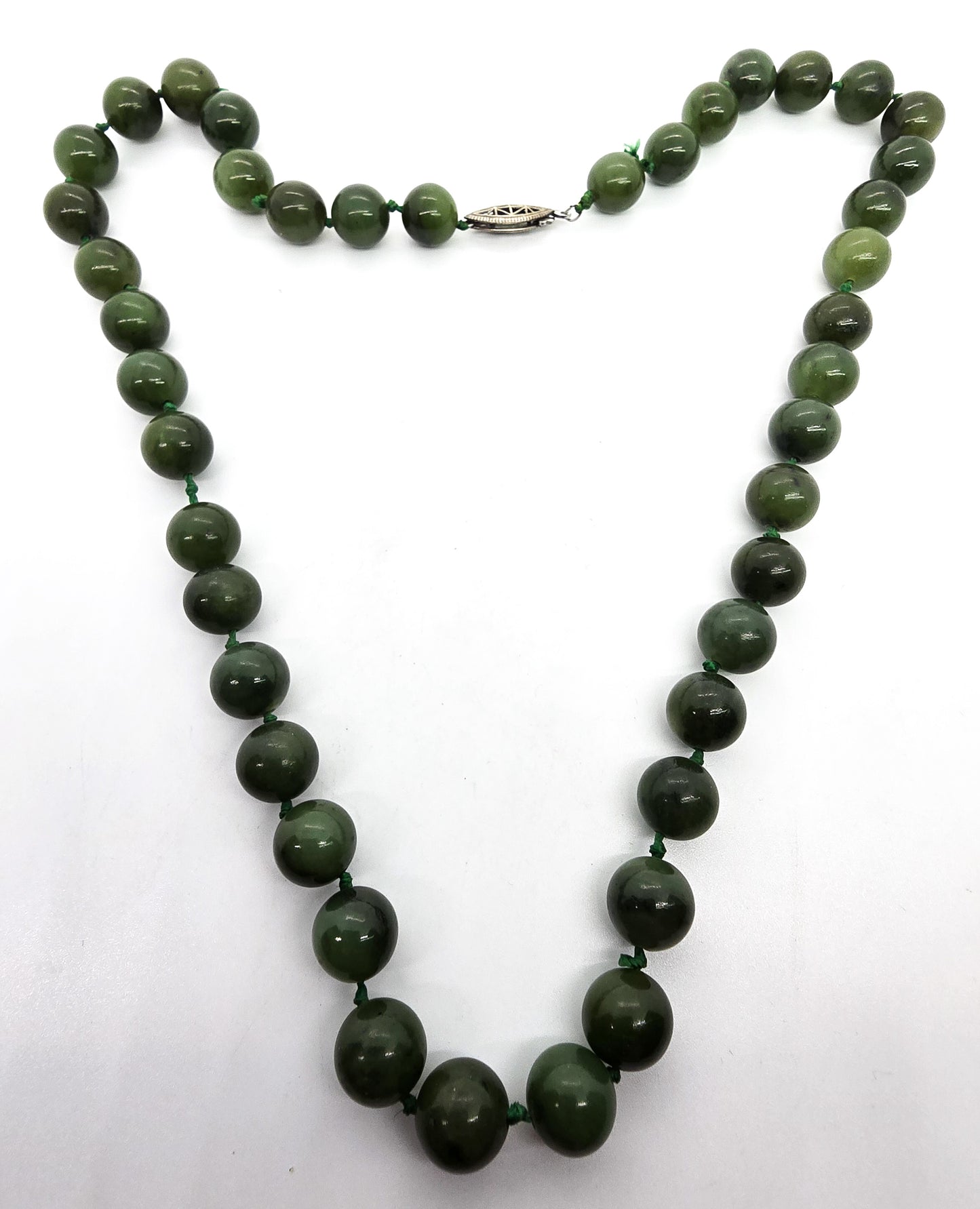 Nephrite Jade vintage 8mm silk strung beaded vintage sterling silver necklace