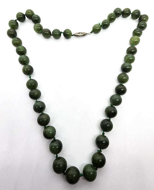 Nephrite Jade vintage 8mm silk strung beaded vintage sterling silver necklace