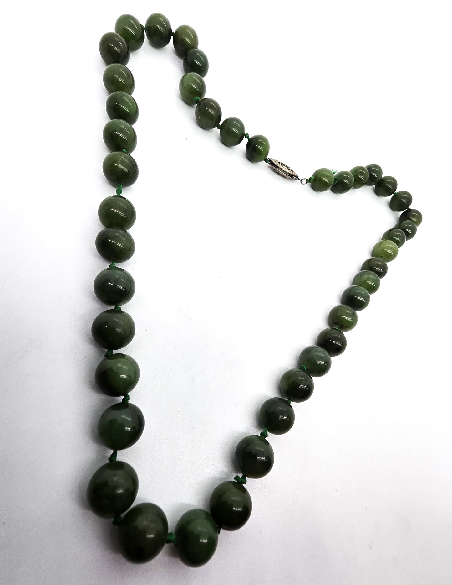 Nephrite Jade vintage 8mm silk strung beaded vintage sterling silver necklace