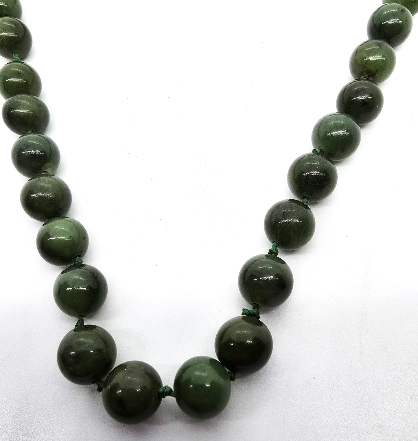 Nephrite Jade vintage 8mm silk strung beaded vintage sterling silver necklace