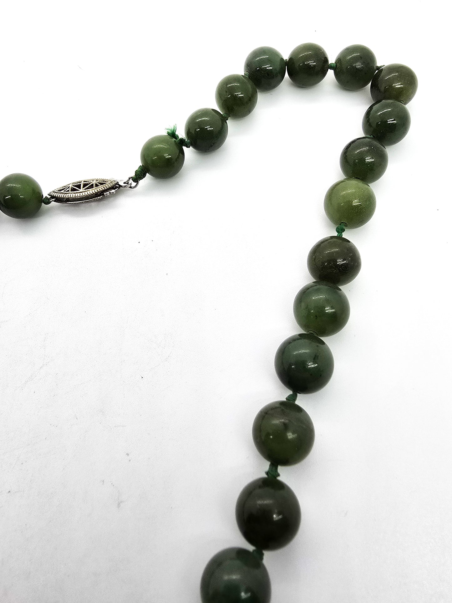 Nephrite Jade vintage 8mm silk strung beaded vintage sterling silver necklace