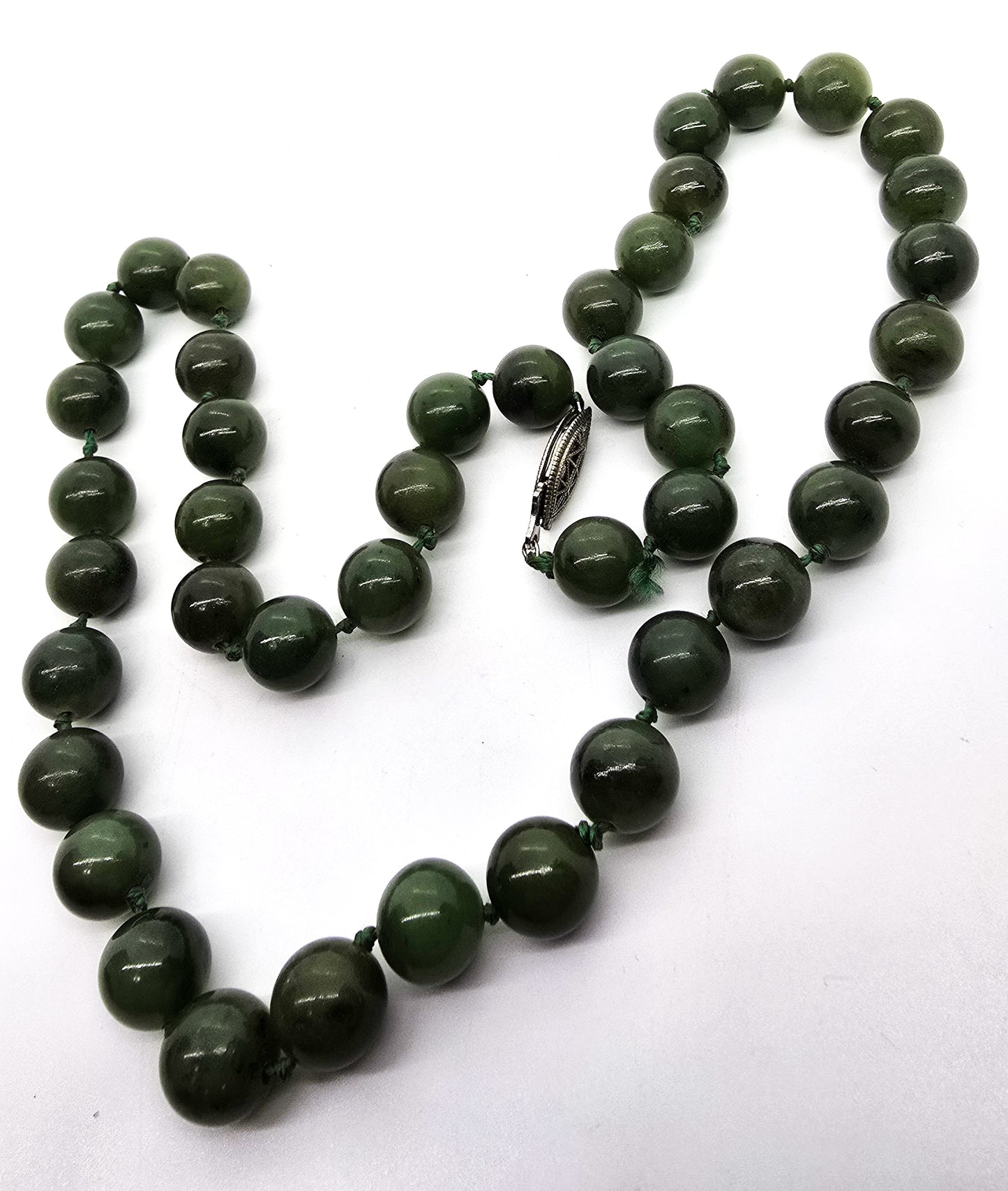 Nephrite Jade vintage 8mm silk strung beaded vintage sterling silver necklace