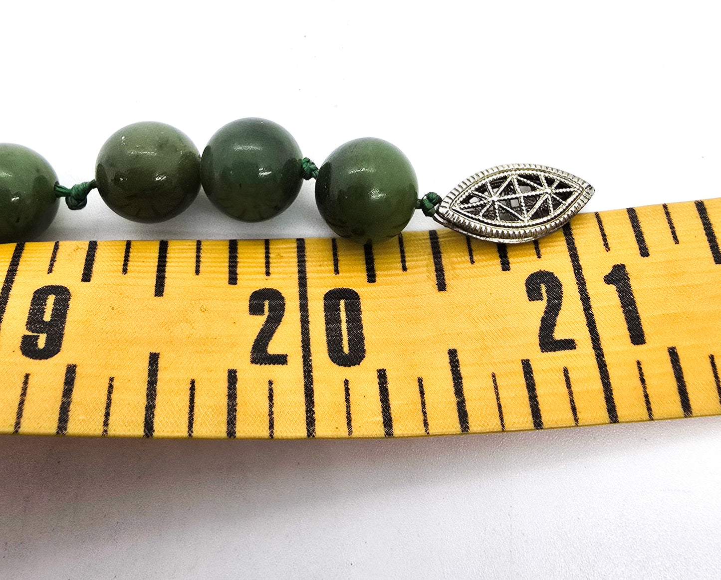 Nephrite Jade vintage 8mm silk strung beaded vintage sterling silver necklace