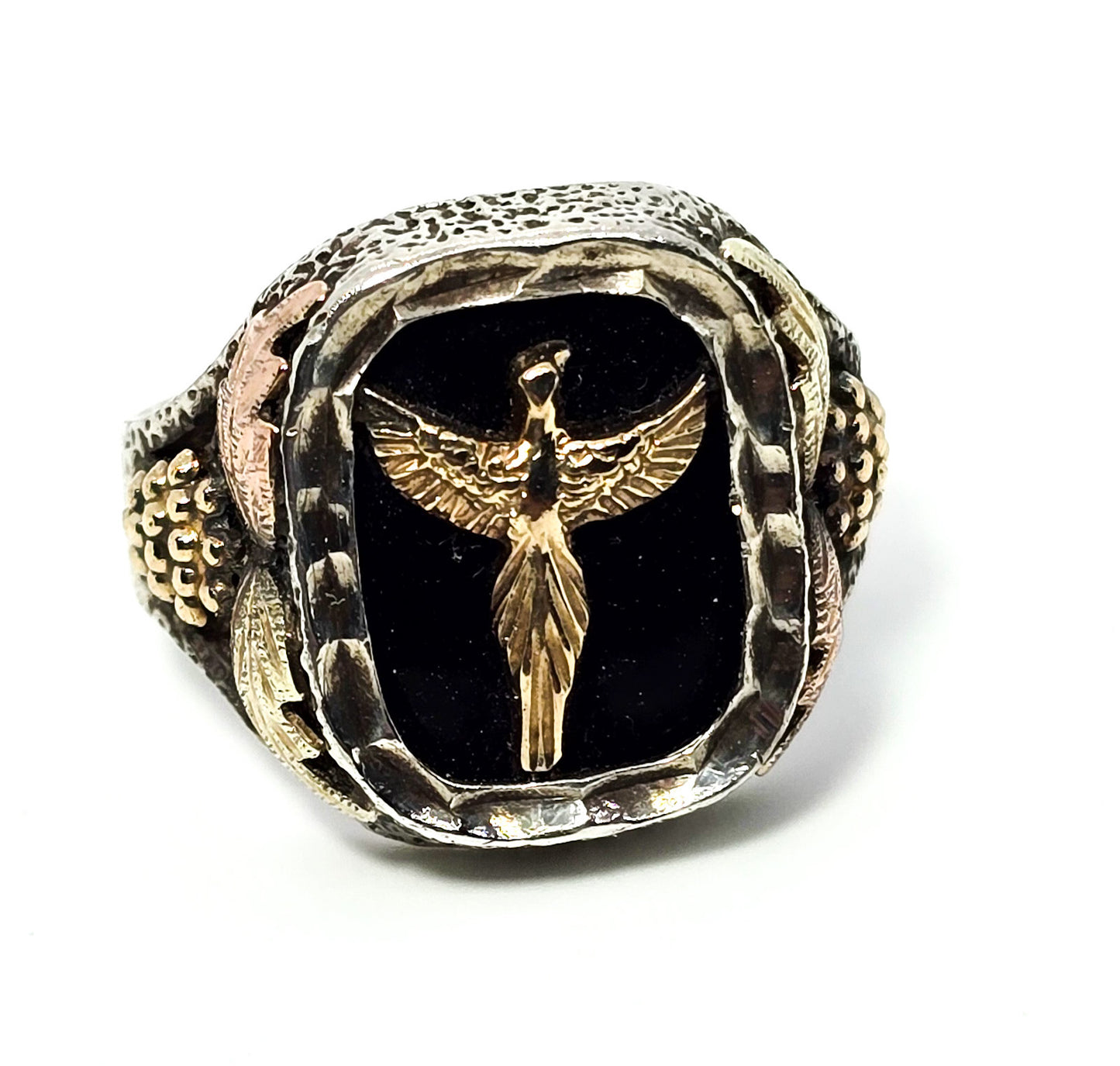 Black Hills Gold Mt. Rushmore Onyx bird gold on sterling silver vintage ring size 10