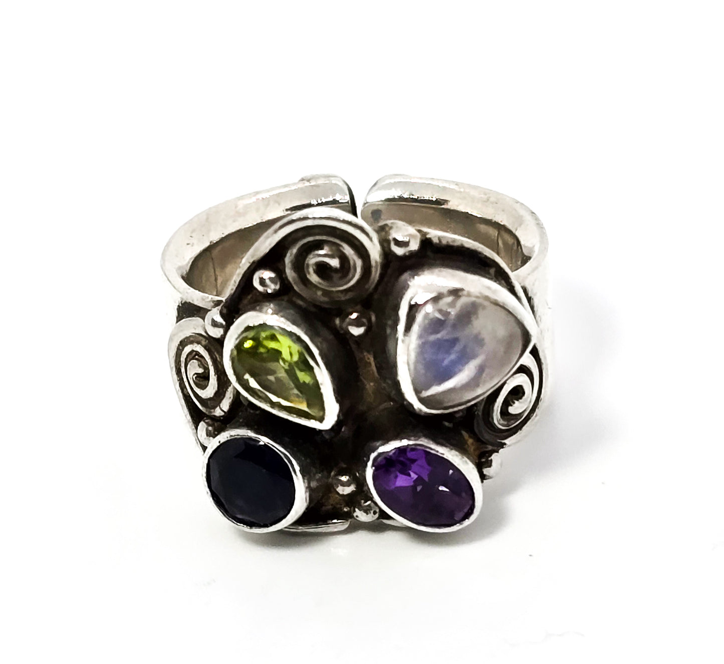 Sajen adjustable moonstone peridot amethyst iolite sterling silver  ring size 7