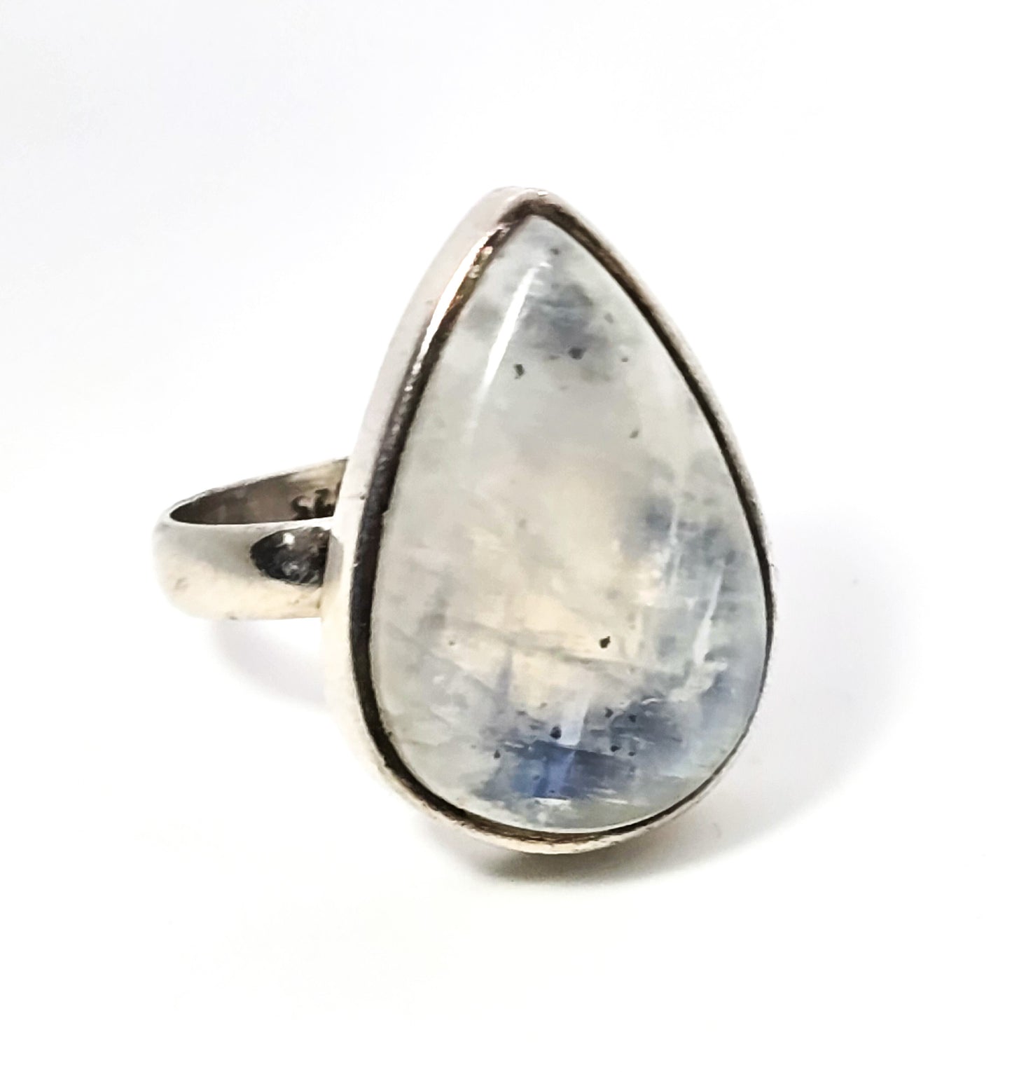 Large flashy blue moonstone pear cut sterling silver ring size 9.5