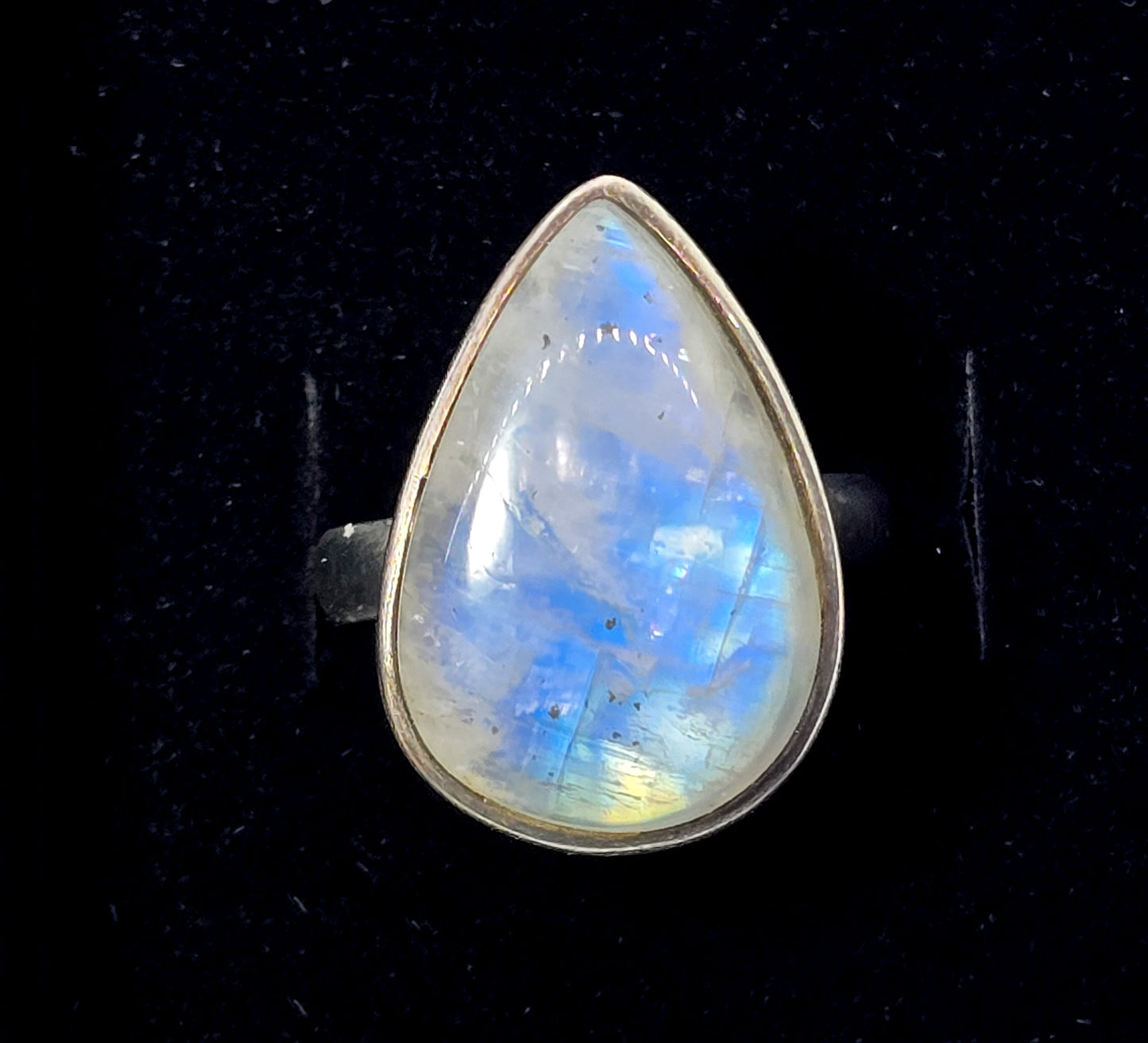 Large flashy blue moonstone pear cut sterling silver ring size 9.5