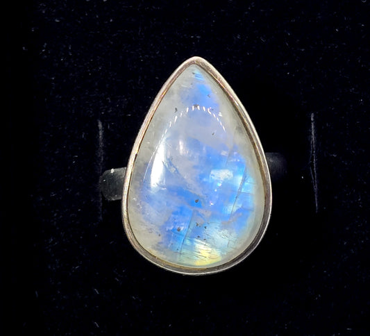 Large flashy blue moonstone pear cut sterling silver ring size 9.5