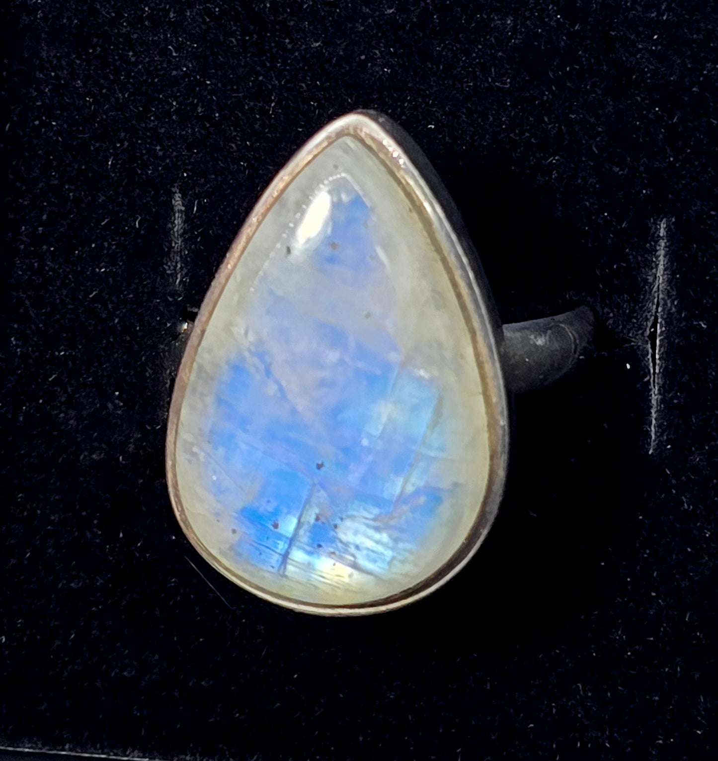 Large flashy blue moonstone pear cut sterling silver ring size 9.5