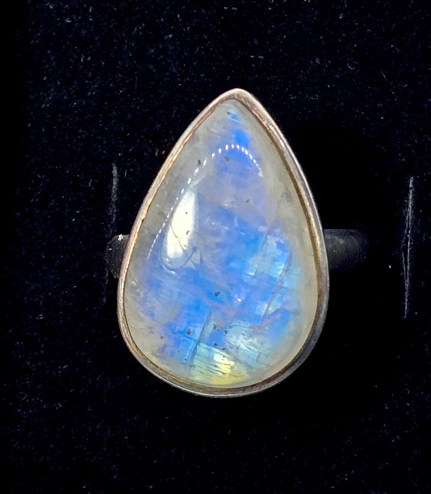 Large flashy blue moonstone pear cut sterling silver ring size 9.5