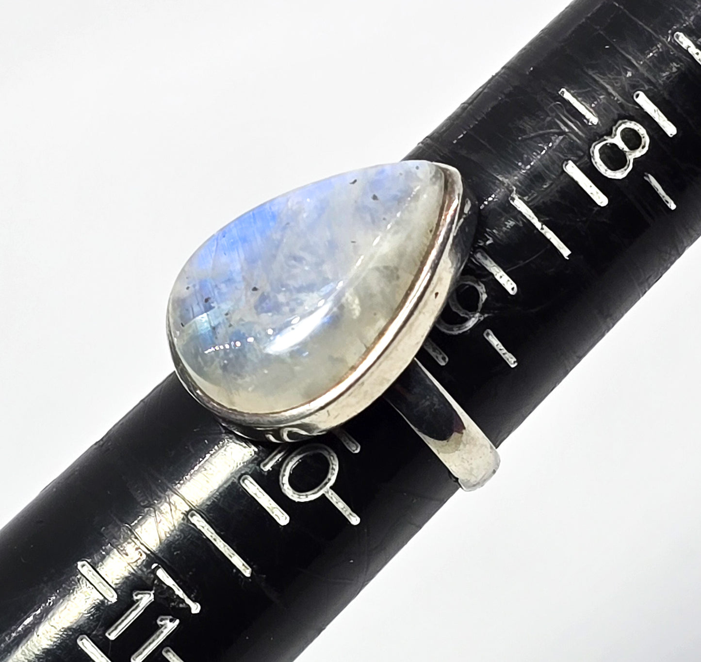 Large flashy blue moonstone pear cut sterling silver ring size 9.5