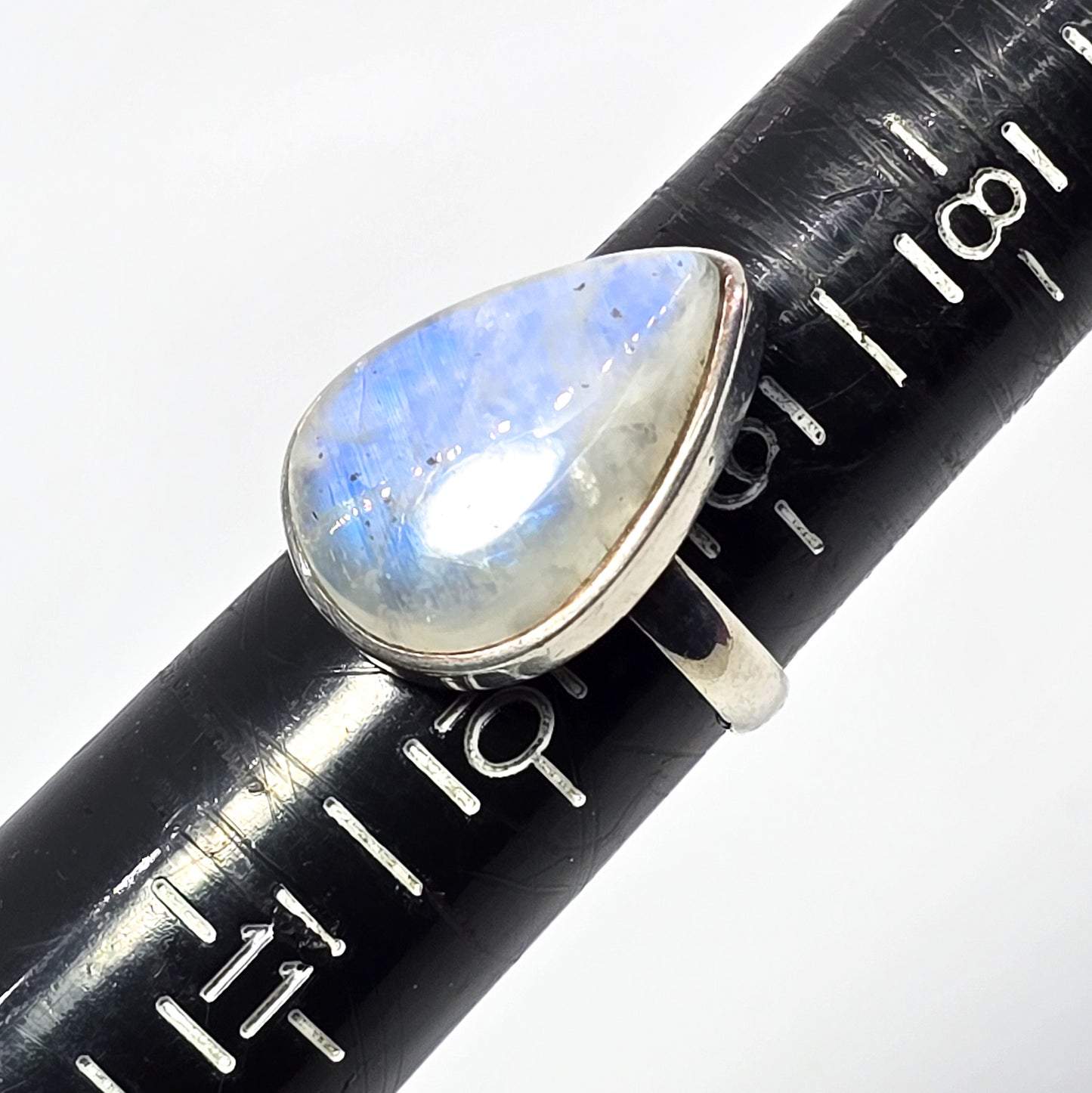 Large flashy blue moonstone pear cut sterling silver ring size 9.5