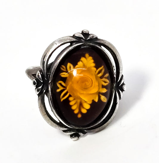 Baltic Amber reverse carved flower vintage sterling silver ring size 5