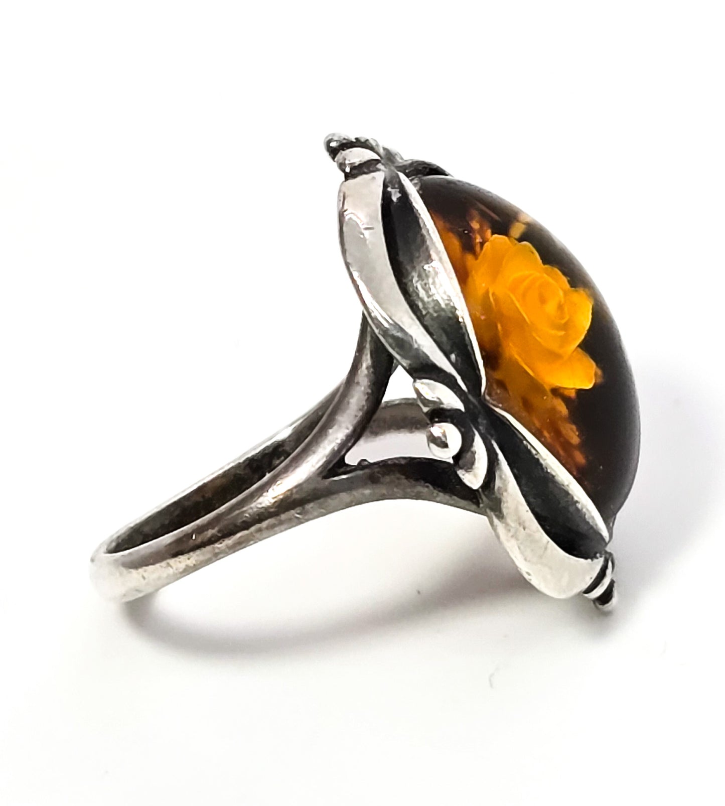 Baltic Amber reverse carved flower vintage sterling silver ring size 5