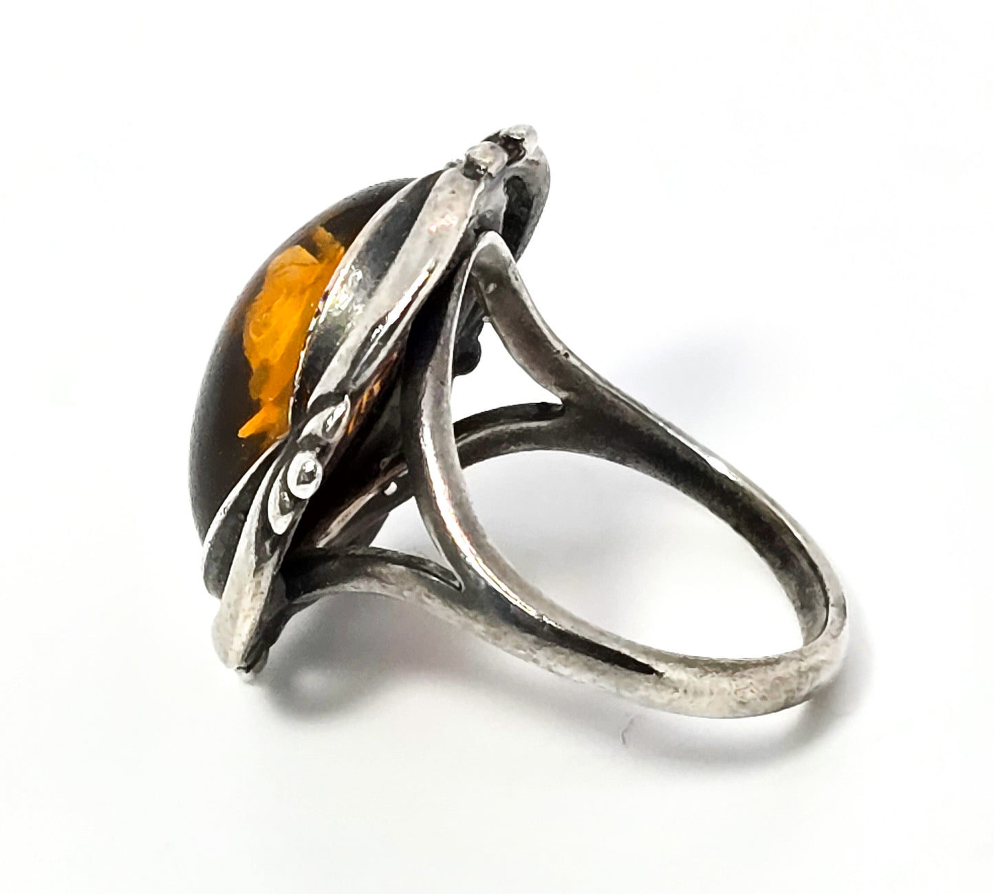 Baltic Amber reverse carved flower vintage sterling silver ring size 5