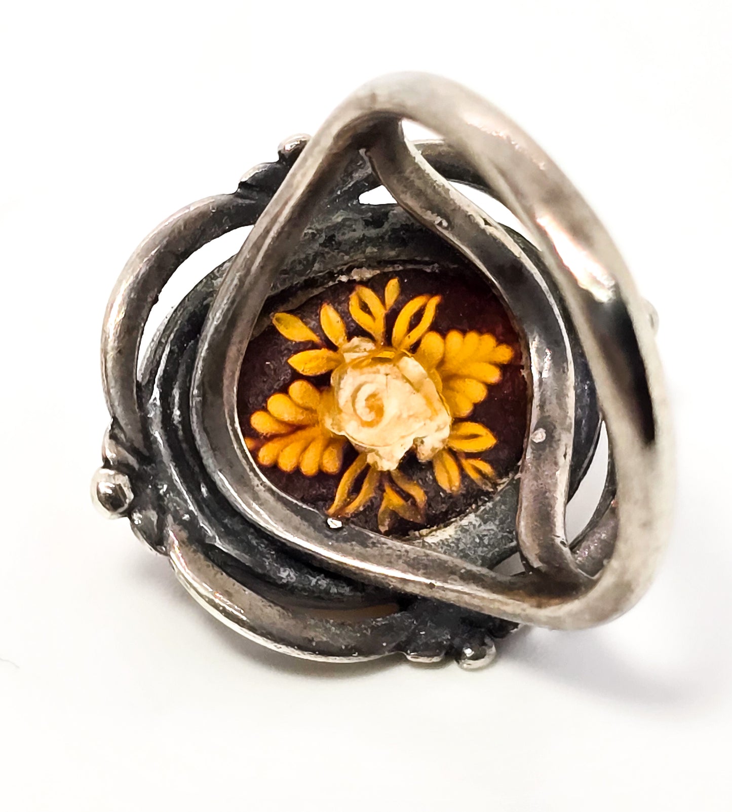 Baltic Amber reverse carved flower vintage sterling silver ring size 5