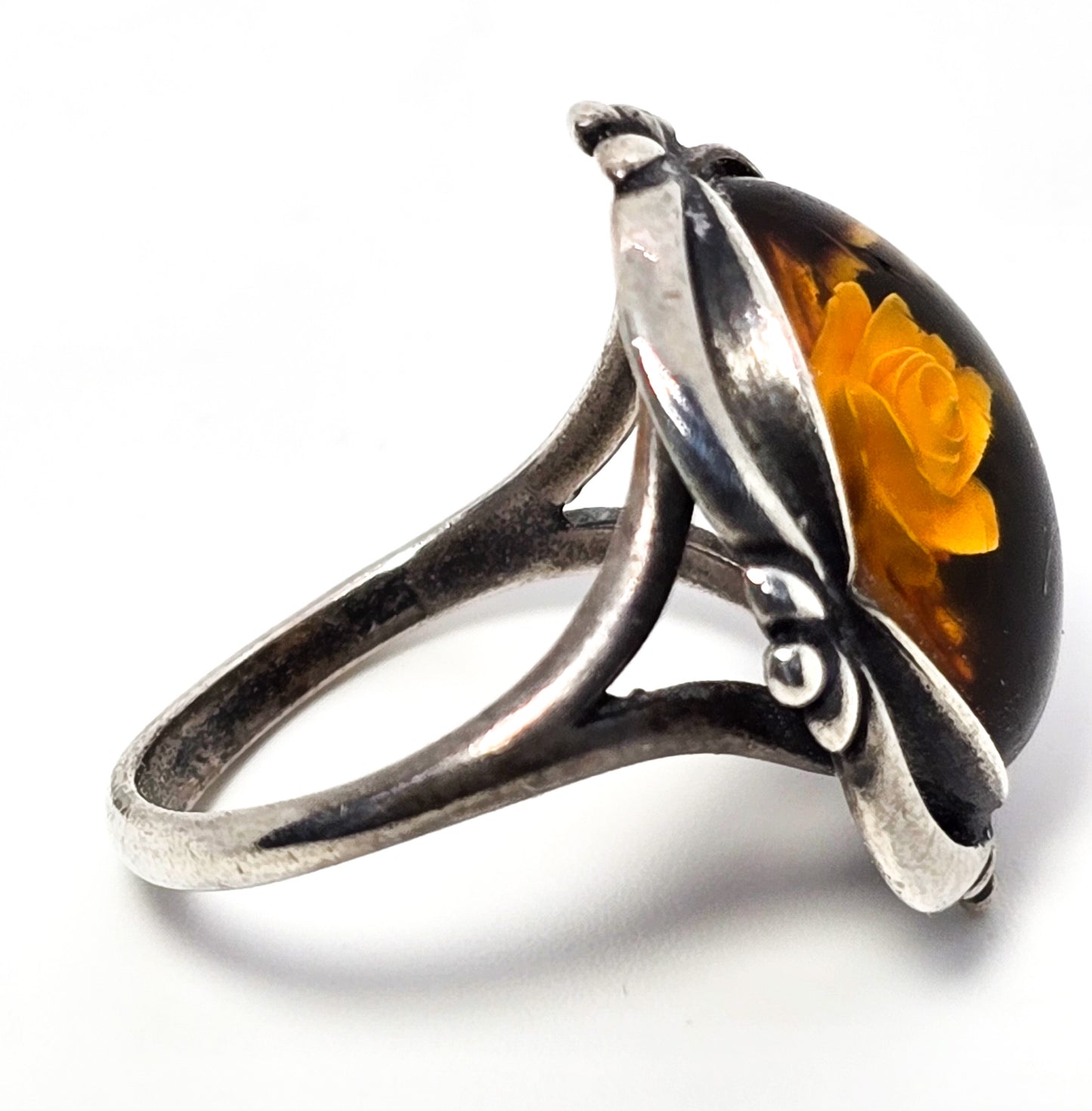 Baltic Amber reverse carved flower vintage sterling silver ring size 5