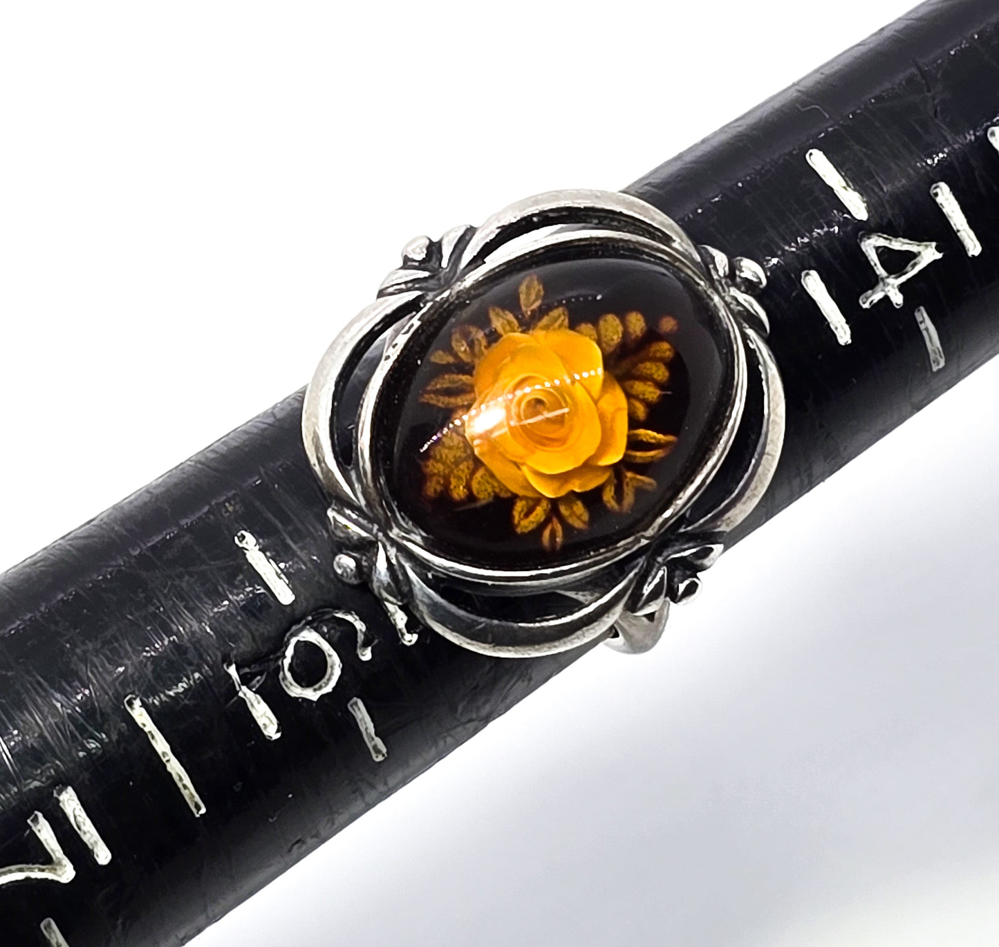 Baltic Amber reverse carved flower vintage sterling silver ring size 5