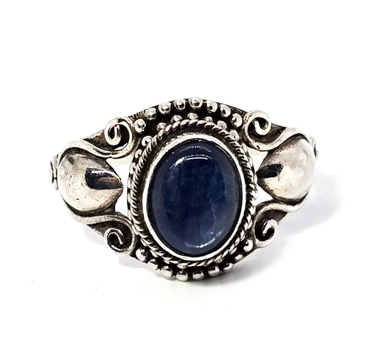 Blue kyanite cab gemstone Bali tribal lotus flower sterling silver ring size 8.5