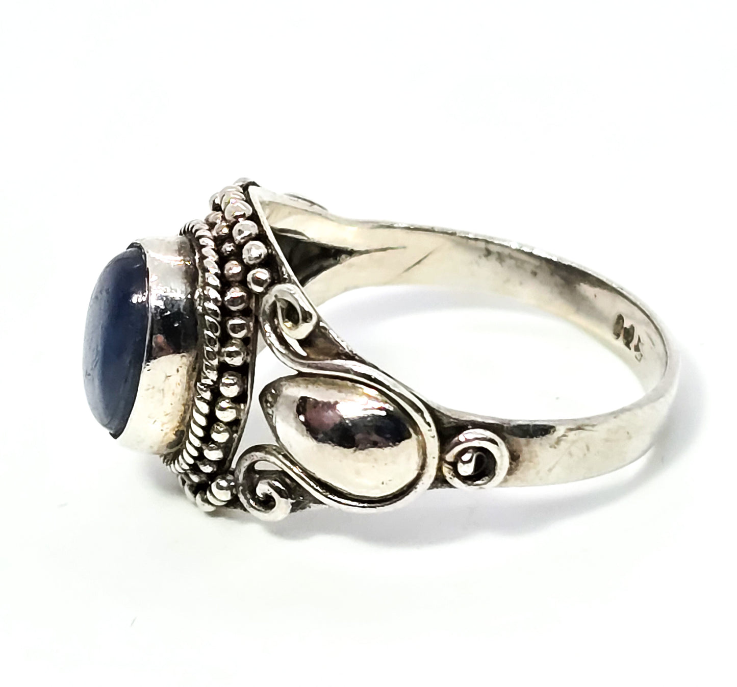 Blue kyanite cab gemstone Bali tribal lotus flower sterling silver ring size 8.5