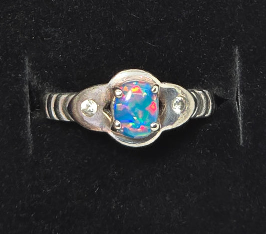 Blue fire opal cubic zirconia retro JR sterling silver vintage ring band size 7