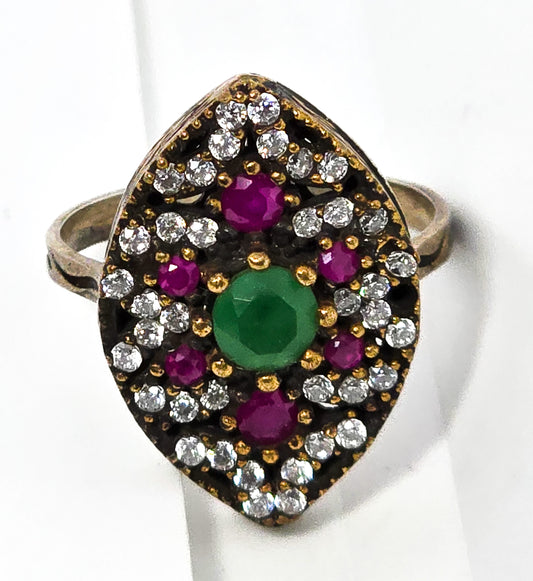 Ruby and synthetic emerald gemstone sterling silver vermeil Turkish ring size 8.75