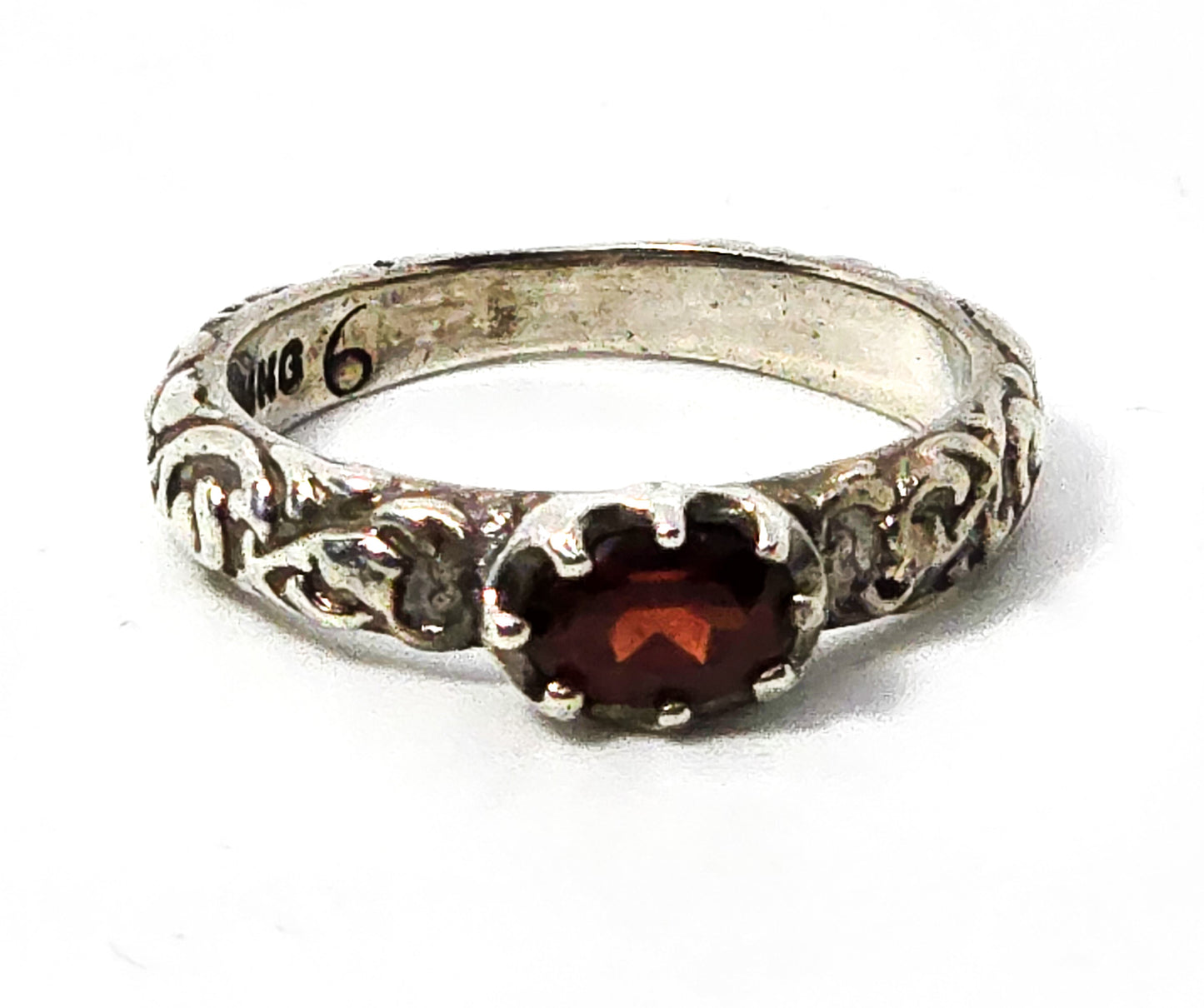 Museum of Fine Arts (MFA) garnet embossed sterling silver stacker ring size 6.5