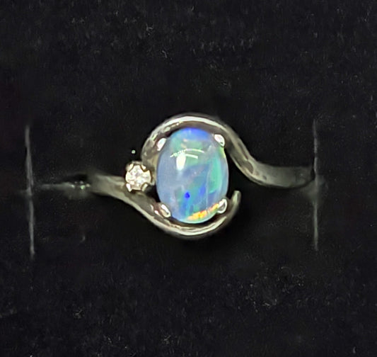 Blue opal Triplet Cubic Zirconia retro sterling silver vintage ring size 7