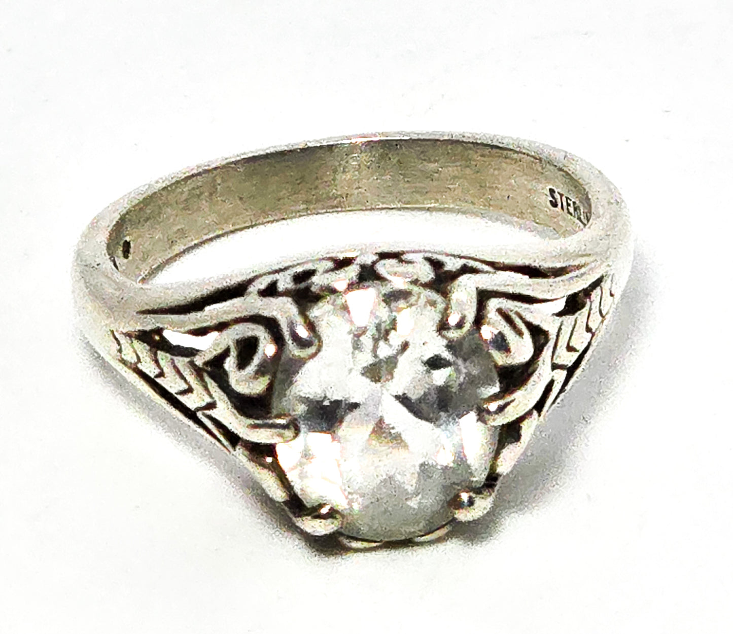 Kabana White Topaz Filigree swirl signed Sterling Silver ring size 8