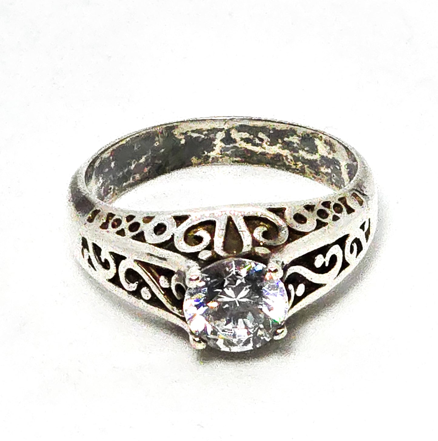 Cubic Zirconia round raised setting Filigree swirl Sterling Silver ring size 7