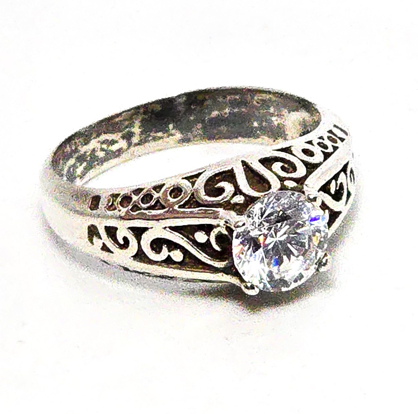 Cubic Zirconia round raised setting Filigree swirl Sterling Silver ring size 7