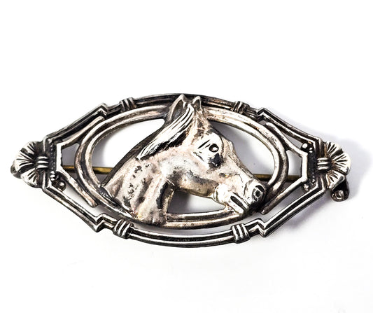 Horse head framed figural horse repose vintage sterling silver Equestrian brooch