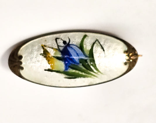 Svein Kirkhus Norway Blue Bell flower Sterling Silver Enameled guilloche brooch
