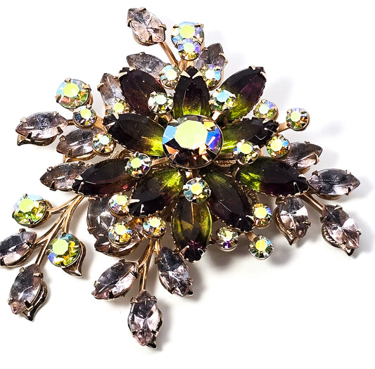 Green flower aurora borealis vintage rhinestone large scatter brooch