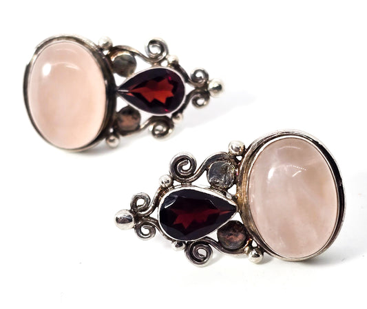 Sajen pink rose quartz and garnet tribal Bali sterling silver vintage post earrings