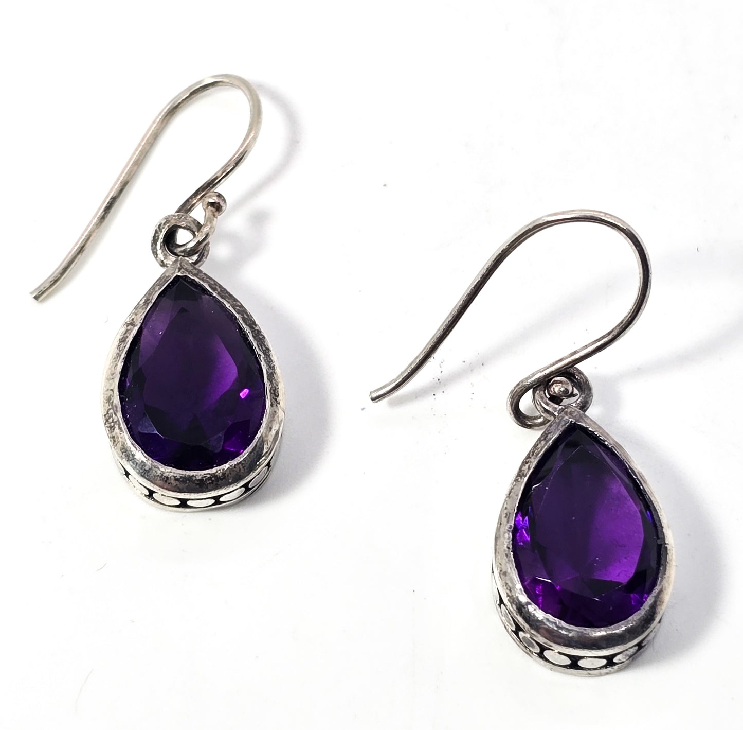 Amethyst pear cut faceted purple gemstone sterling silver tribal drop earrings