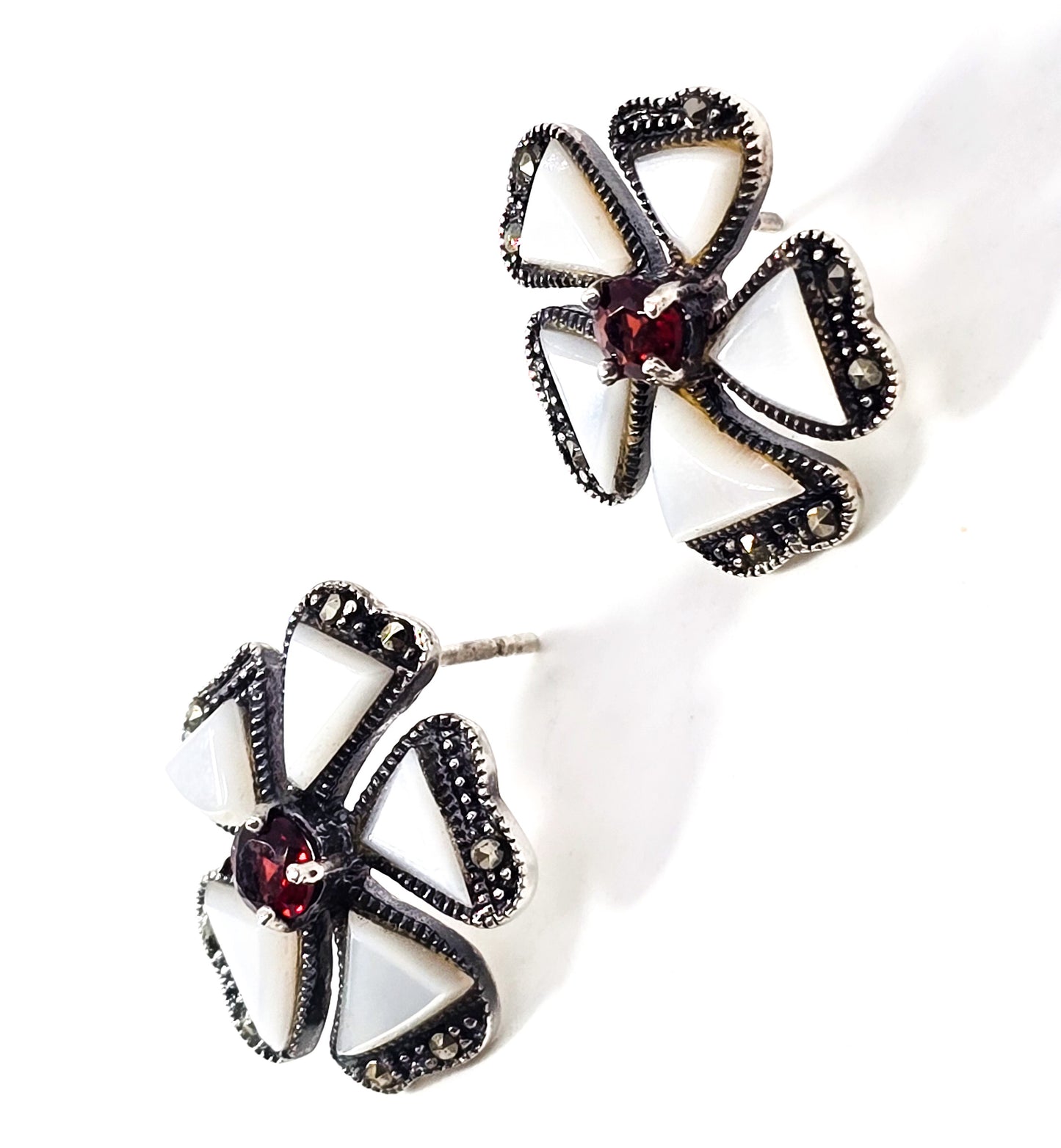 Mother of Pearl Flower garnet and marcasite sterling silver stud earrings TH