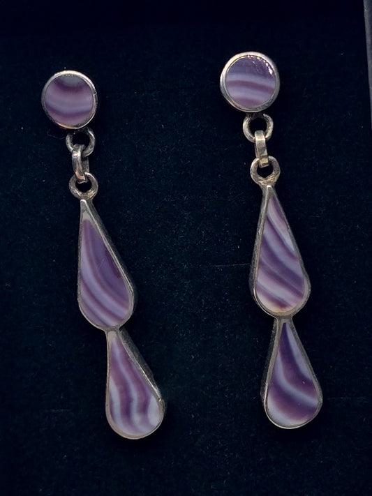 Wampum Quahog Shell banded purple shell sterling silver drop earrings