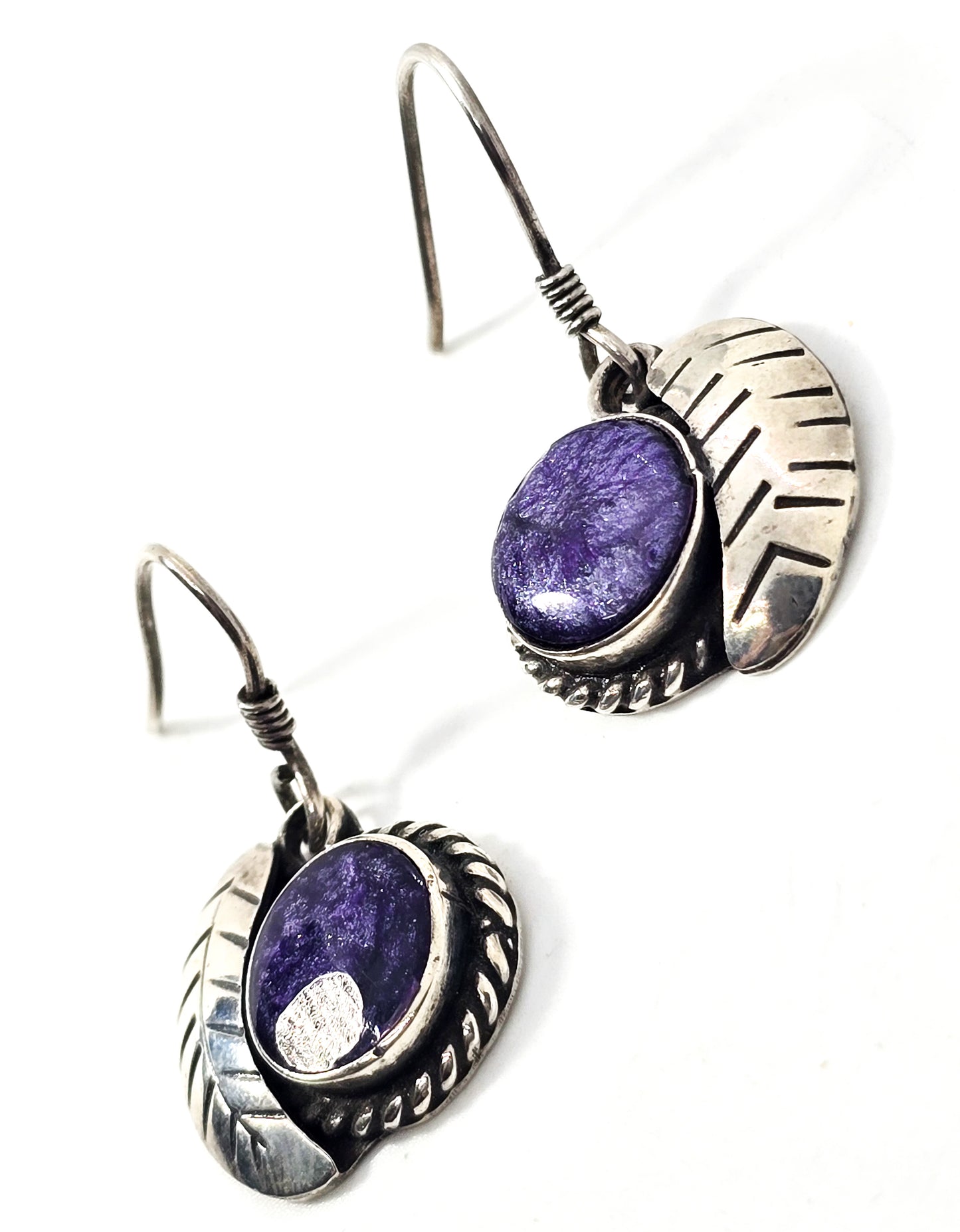 Charoite Purple gemstone Taxco Mexico TB-150 sterling silver vintage drop earrings